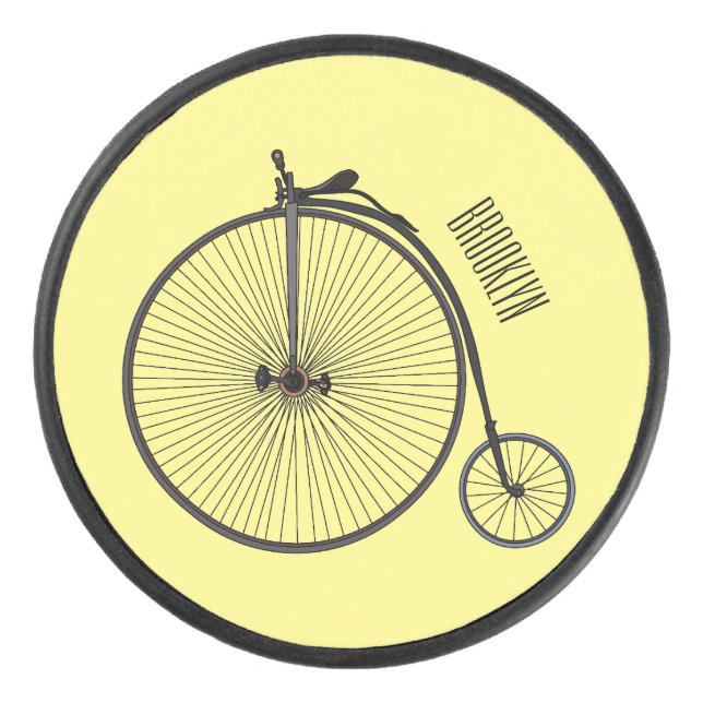 High wheel bicycle cartoon illustration hockey puck (Front)