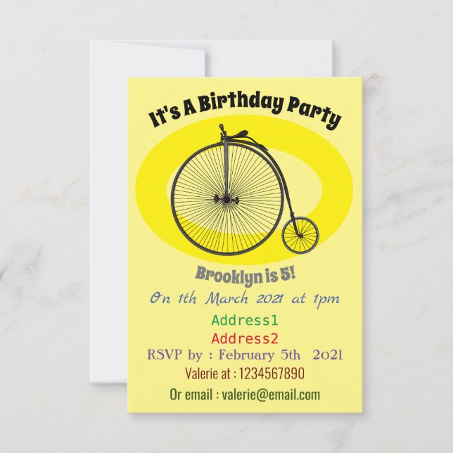 High wheel bicycle cartoon illustration invitation (Front)