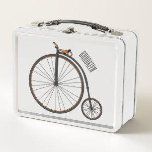 High wheel bicycle cartoon illustration metal lunch box