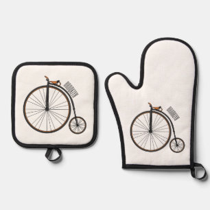 High wheel bicycle cartoon illustration oven mitt & pot holder set