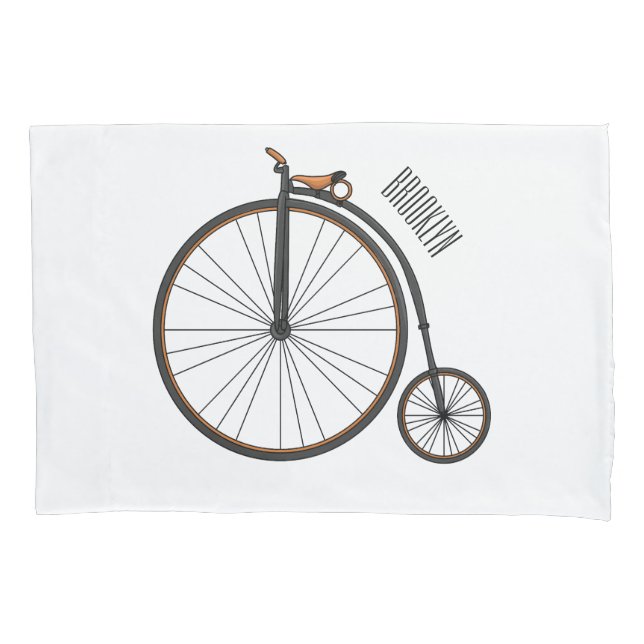 High wheel bicycle cartoon illustration pillowcase (Front)