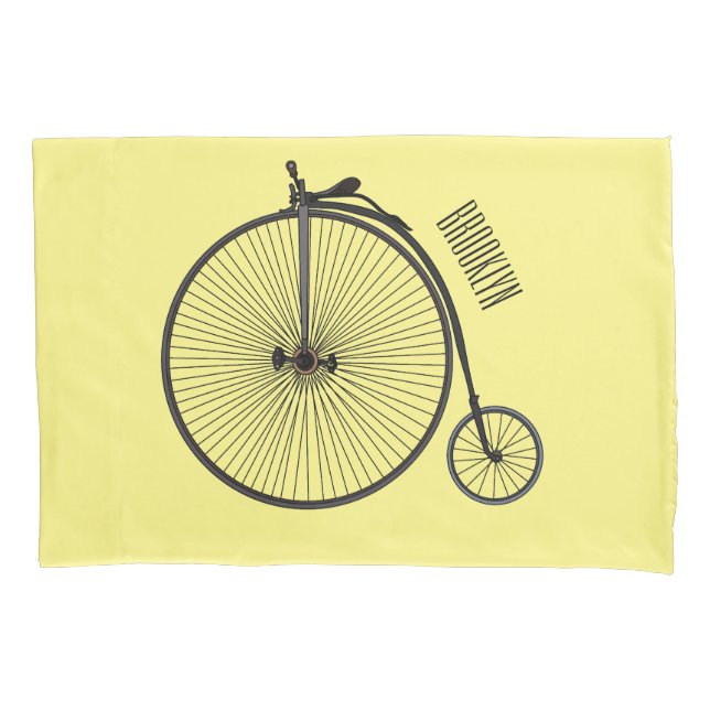 High wheel bicycle cartoon illustration pillowcase (Front)