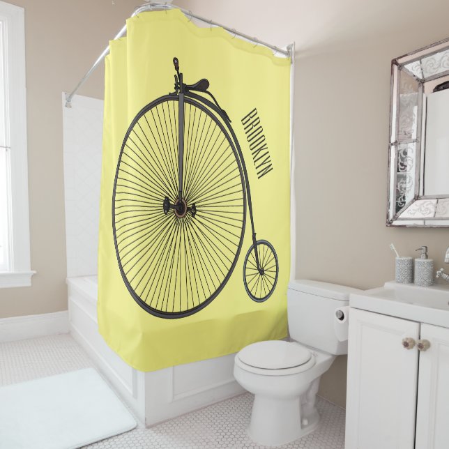 High wheel bicycle cartoon illustration shower curtain (In Situ)