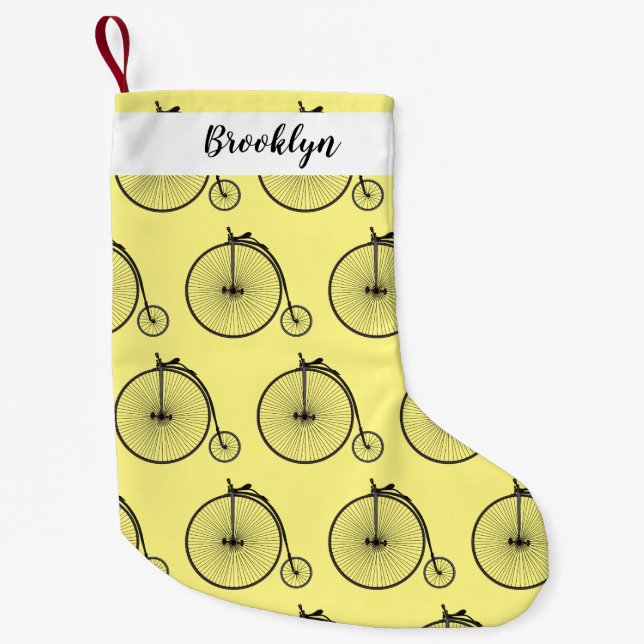 High wheel bicycle cartoon illustration small christmas stocking (Front)