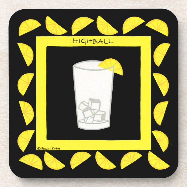 Highball Alcohol Retro Drink Art Green Limes Black Coaster (Front)