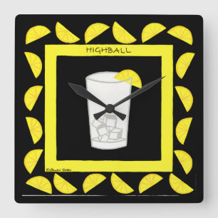 Highball Retro Drink Cocktail Yellow Lemons Black Square Wall Clock