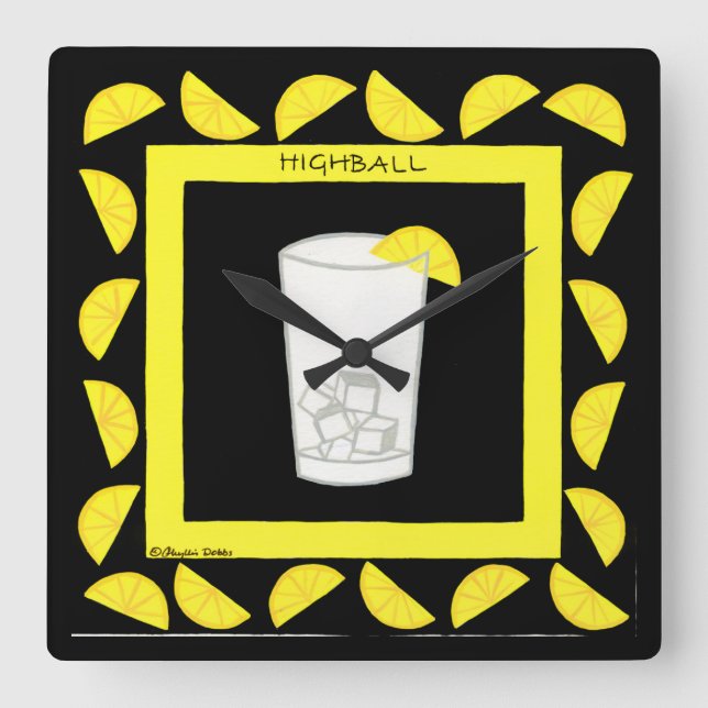 Highball Retro Drink Cocktail Yellow Lemons Black Square Wall Clock (Front)