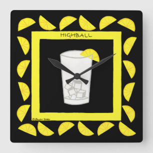 Highball Retro Drink Cocktail Yellow Lemons Black Square Wall Clock