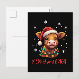 Highland Baby Cow Christmas Lights  Holiday Postcard