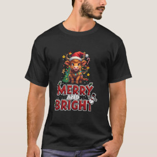 Highland Baby Cow Christmas Lights Merry And Brigh T-Shirt