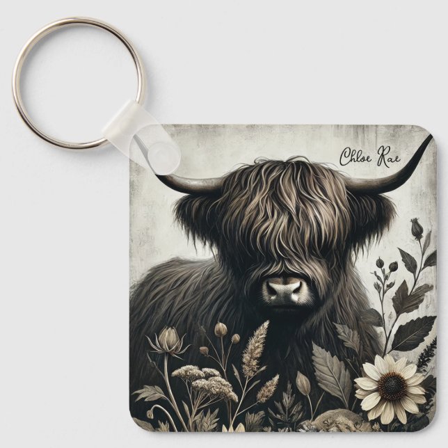 Highland Bull with Sunflower Key Ring (Front)