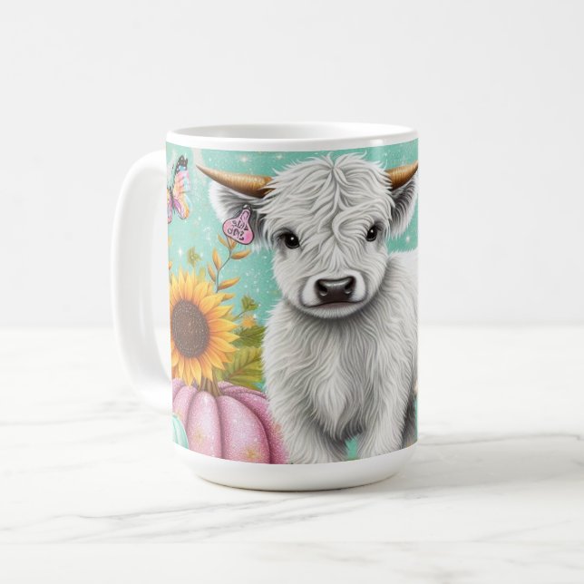 Highland Calf Amidst Autumn Pumpkins and Sunflower Coffee Mug (Front Left)