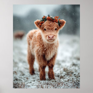 Highland Calf in Snow with Holiday Wreath Poster