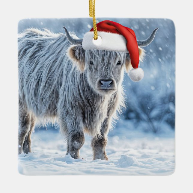 Highland Calf in the Snow Happy Holidays Cute  Ceramic Ornament (Front)