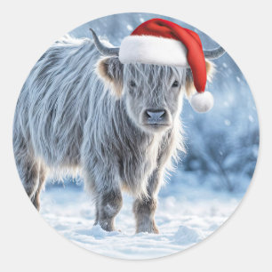 Highland Calf in the Snow Happy Holidays Cute  Classic Round Sticker