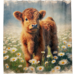Highland Calf Vintage Watercolor Painting Shower Curtain