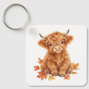 Highland Calf with Autumn Leaves Key Ring