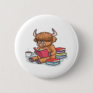 Highland Cattle Cow Read Books Drink Coffee Classi 6 Cm Round Badge