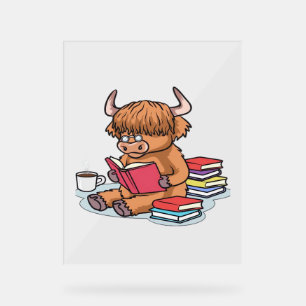 Highland Cattle Cow Read Books Drink Coffee Classi Acrylic Sign