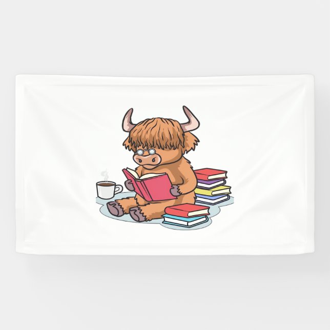 Highland Cattle Cow Read Books Drink Coffee Classi Banner (Horizontal)