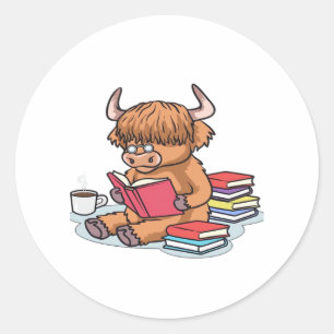 Highland Cattle Cow Read Books Drink Coffee Classi Classic Round Sticker