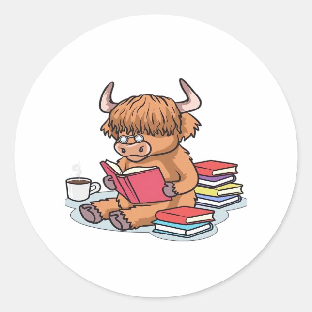 Highland Cattle Cow Read Books Drink Coffee Classi Classic Round Sticker (Front)