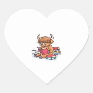Highland Cattle Cow Read Books Drink Coffee Classi Heart Sticker