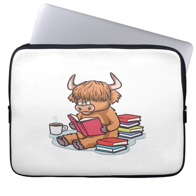 Highland Cattle Cow Read Books Drink Coffee Classi Laptop Sleeve (Front)