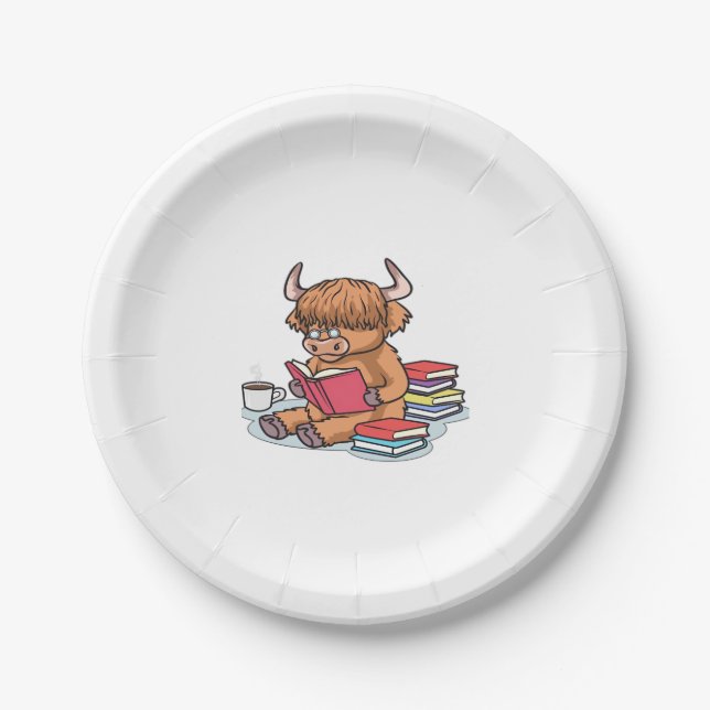 Highland Cattle Cow Read Books Drink Coffee Classi Paper Plate (Front)