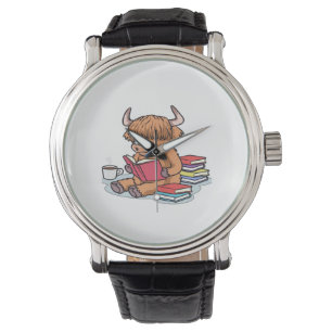 Highland Cattle Cow Read Books Drink Coffee Classi Watch