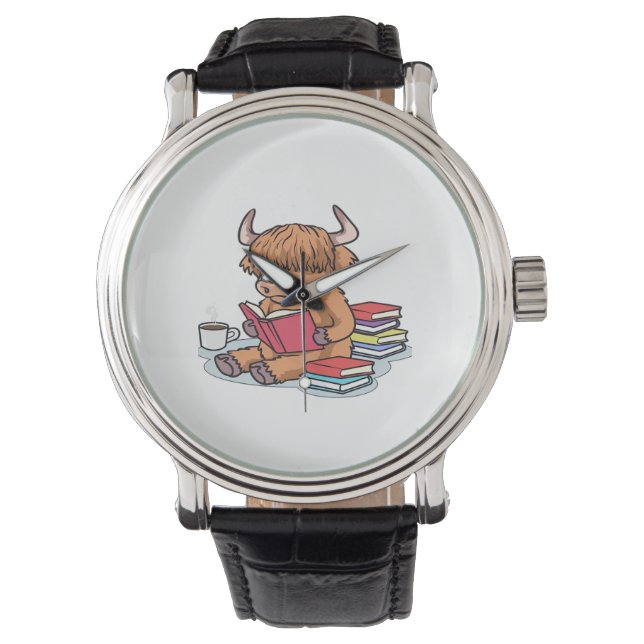 Highland Cattle Cow Read Books Drink Coffee Classi Watch (Front)