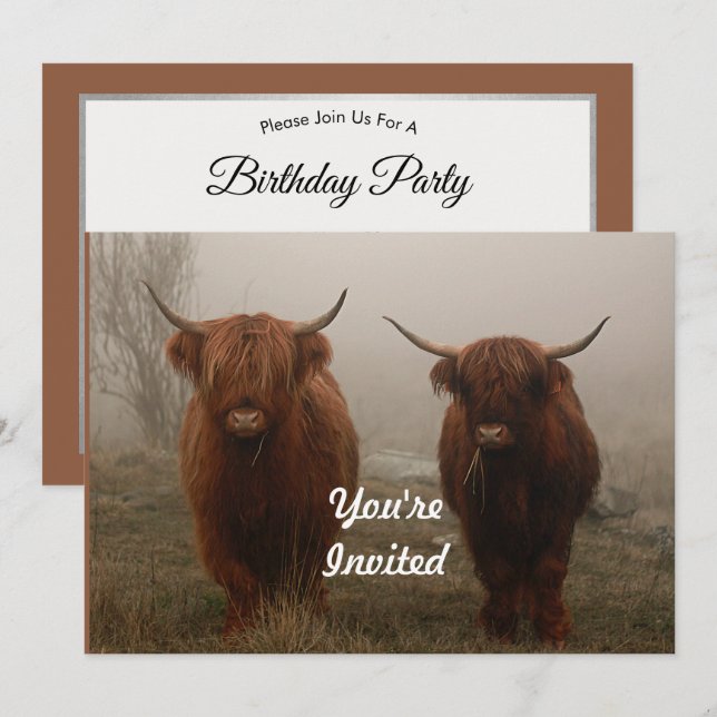 Highland Cattle Fog Photo Birthday Invitation (Front/Back)