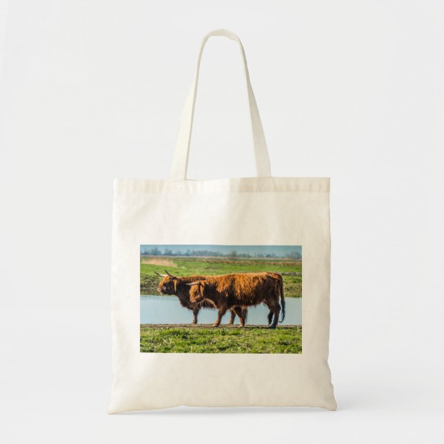 Highland cattle grazing on scenic Wicken Fen UK Tote Bag (Front)