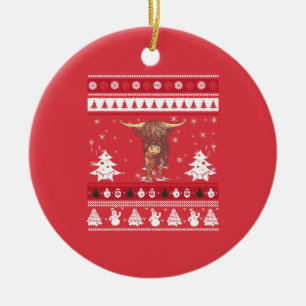 Highland Cattle Ugly Christmas Ceramic Tree Decoration
