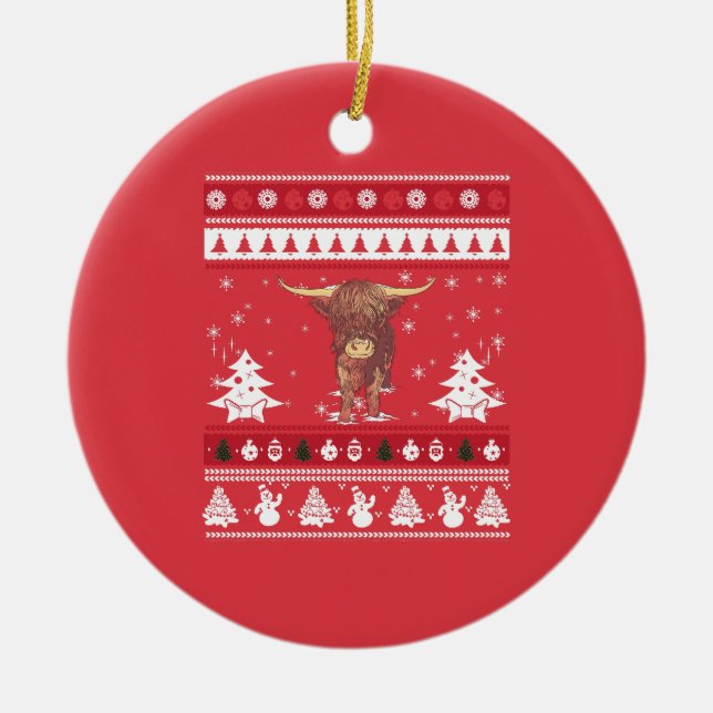 Highland Cattle Ugly Christmas Ceramic Tree Decoration (Front)