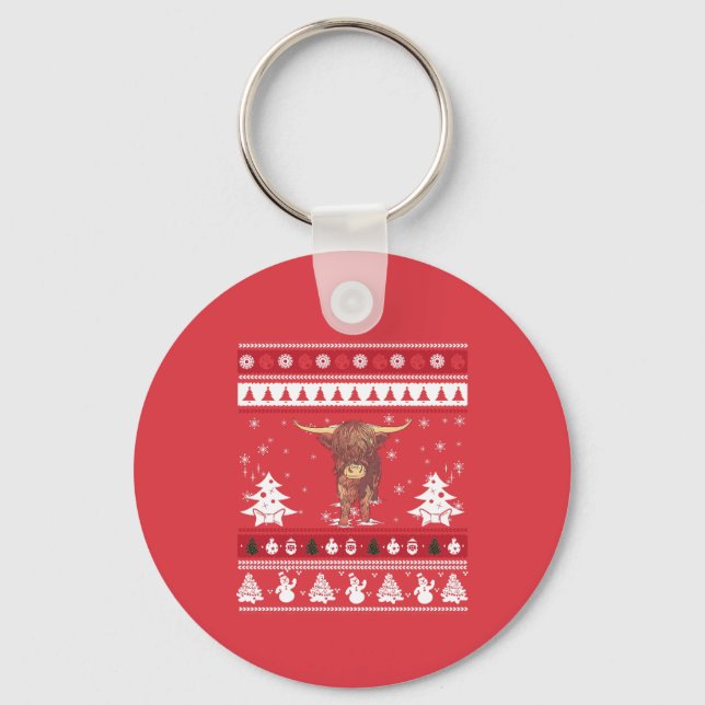 Highland Cattle Ugly Christmas Key Ring (Front)