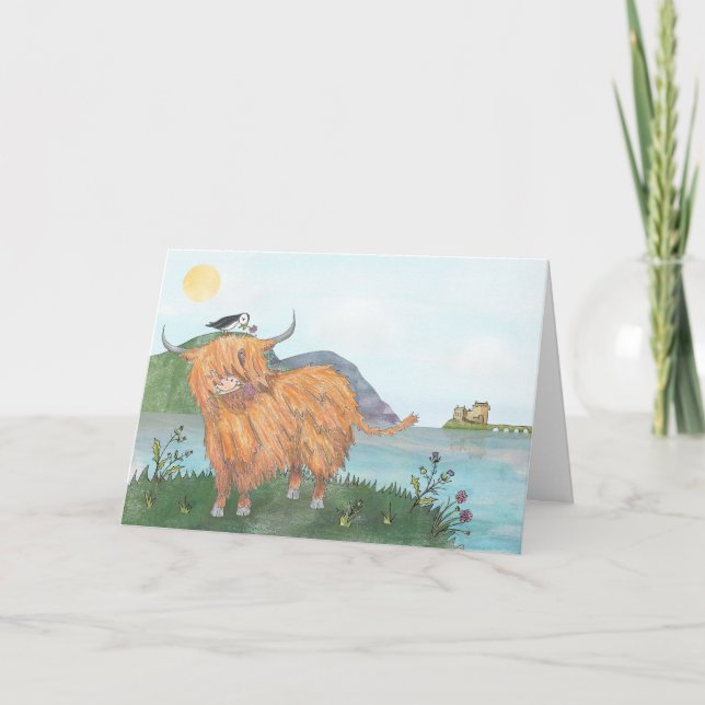 Highland coo and puffin card (Front)