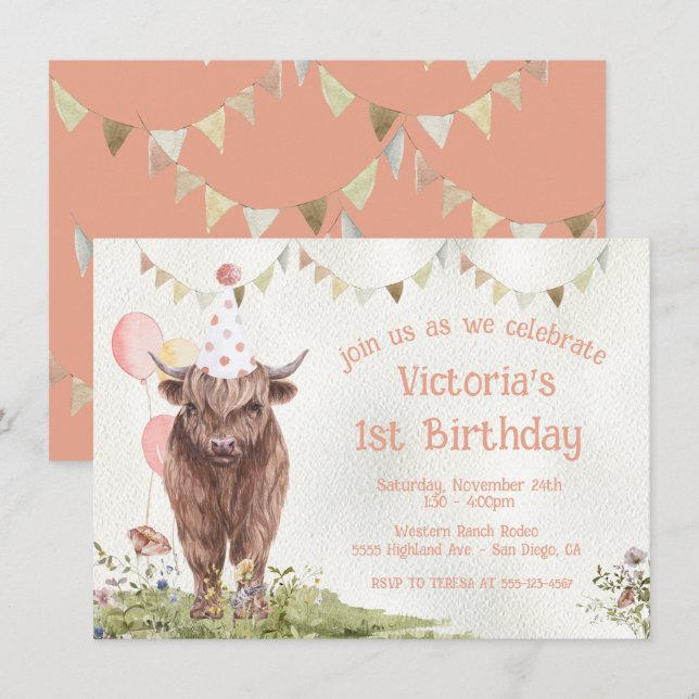 Highland Cow 1st Birthday Party Invitation (Front/Back)