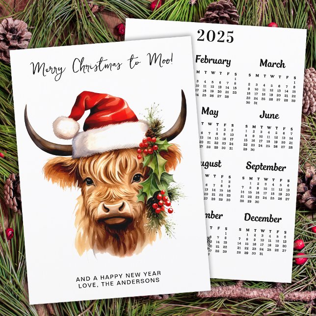 Highland Cow 2025 Calendar Festive Merry Christmas Holiday Card (Creator Uploaded)