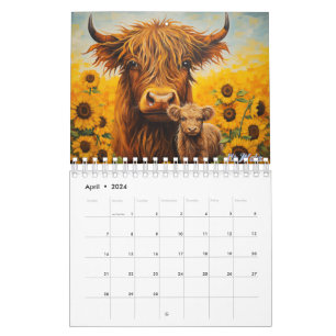 highland cow 2025 calendar with calf sunflower