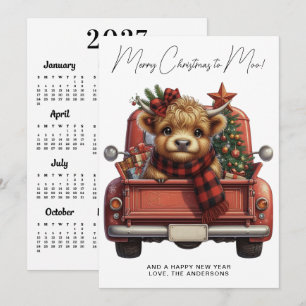 Highland Cow 2027 Calendar Red Truck Christmas Holiday Card