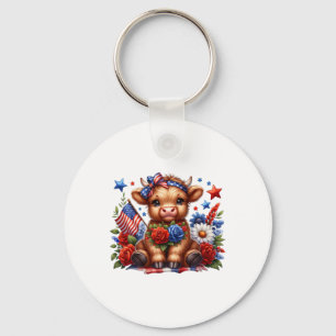 Highland Cow 4th Of July Floral Usa Patriotic Cow  Key Ring
