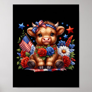 Highland Cow 4th Of July Floral Usa Patriotic Cow Poster