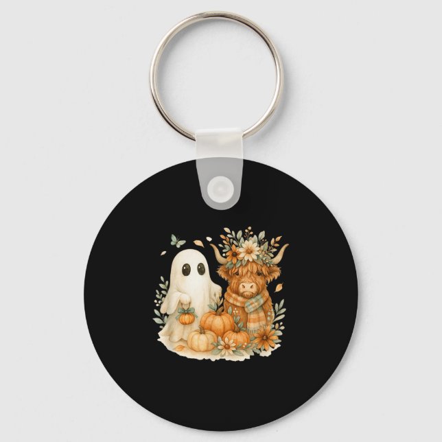 Highland Cow &amp; Ghost Pumpkin Patch Watercolor  Key Ring (Front)