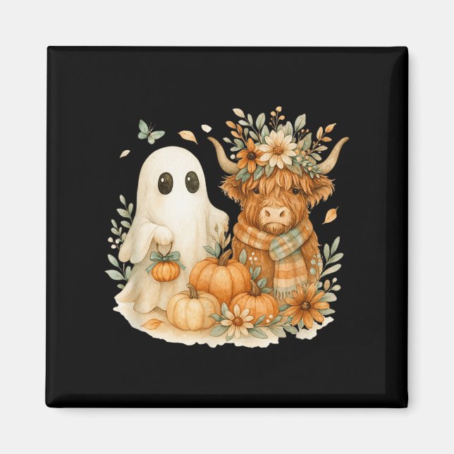 Highland Cow &amp; Ghost Pumpkin Patch Watercolor  Magnet (Front)
