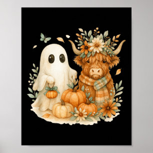 Highland Cow &amp; Ghost Pumpkin Patch Watercolor  Poster