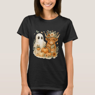 Highland Cow & Ghost Pumpkin Patch Watercolor T-Shirt