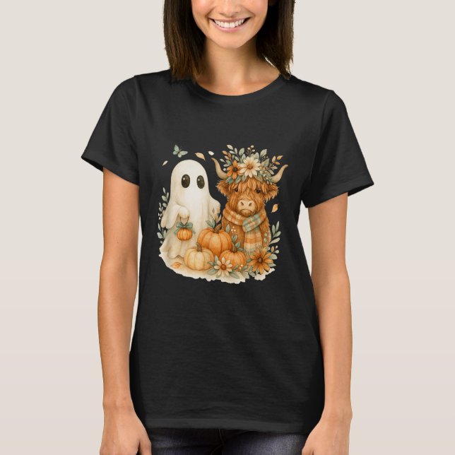 Highland Cow &amp; Ghost Pumpkin Patch Watercolor  T-Shirt (Front)