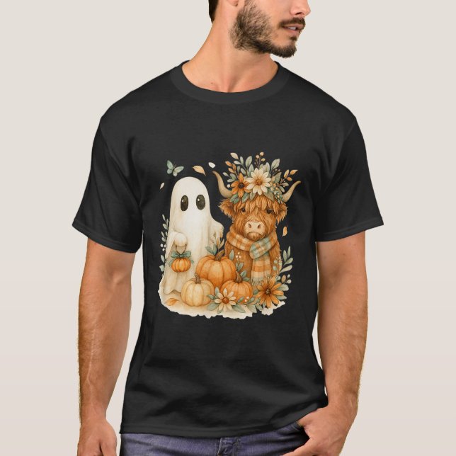 Highland Cow &amp; Ghost Pumpkin Patch Watercolor  T-Shirt (Front)