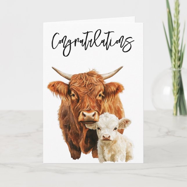 Highland cow and Baby Congratulations Card (Front)
